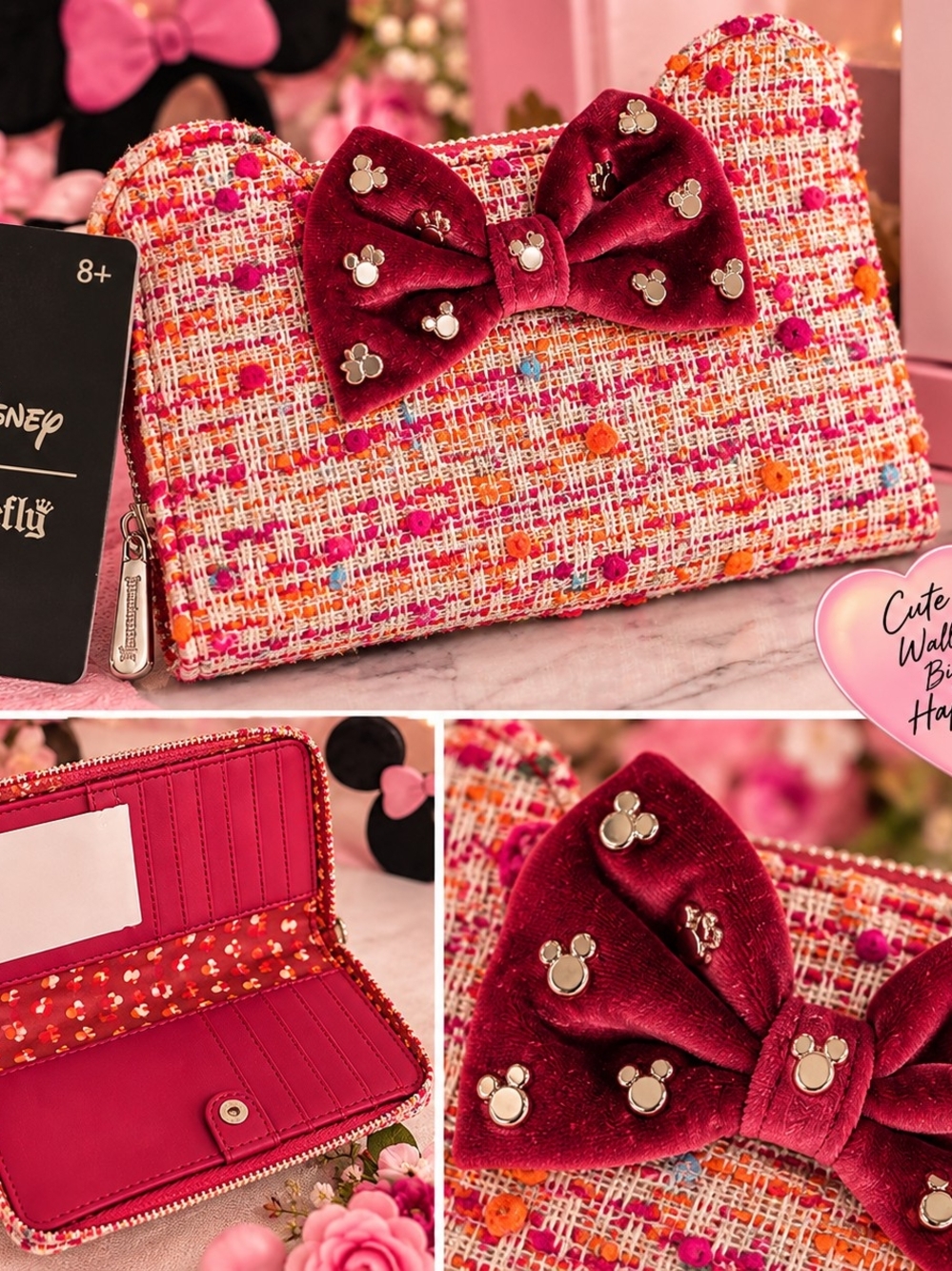 Loungefly Disney Pink & Berry Tweed Bow Card Holder Wallet